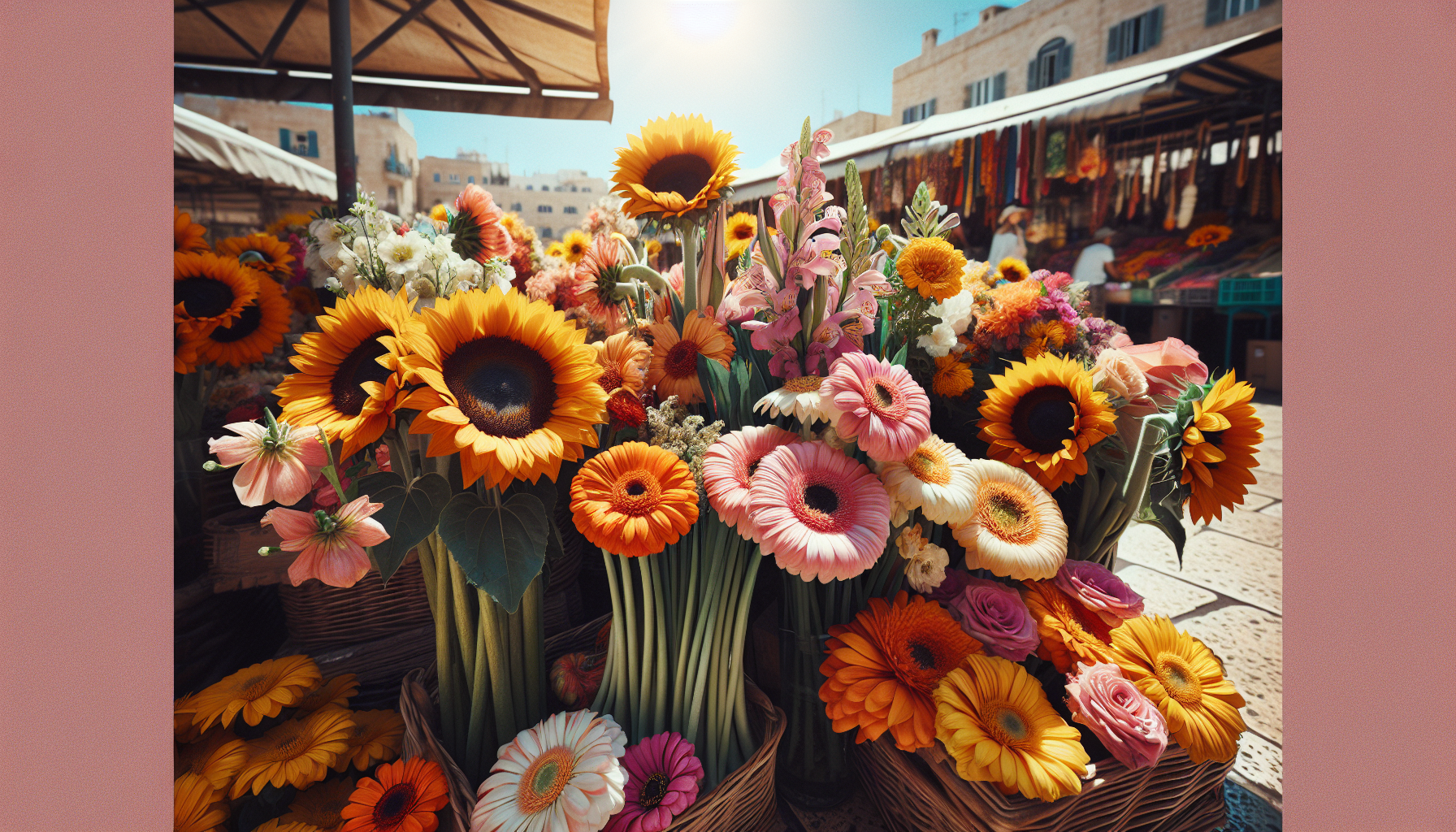 פרחי קיץ צבעוניים – חמניות, זיניות וגרבריות בשוק פרחים ירושלמי