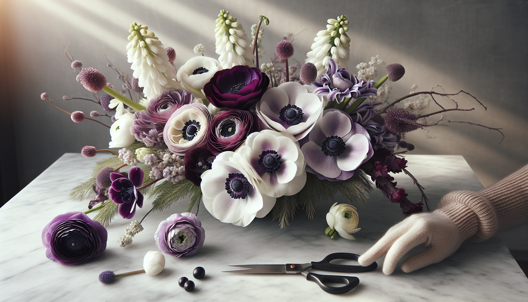 זר פרחי חורף אלגנטי עם כלניות, רנונקולוס והיציניות בגוונים סגולים ולבנים