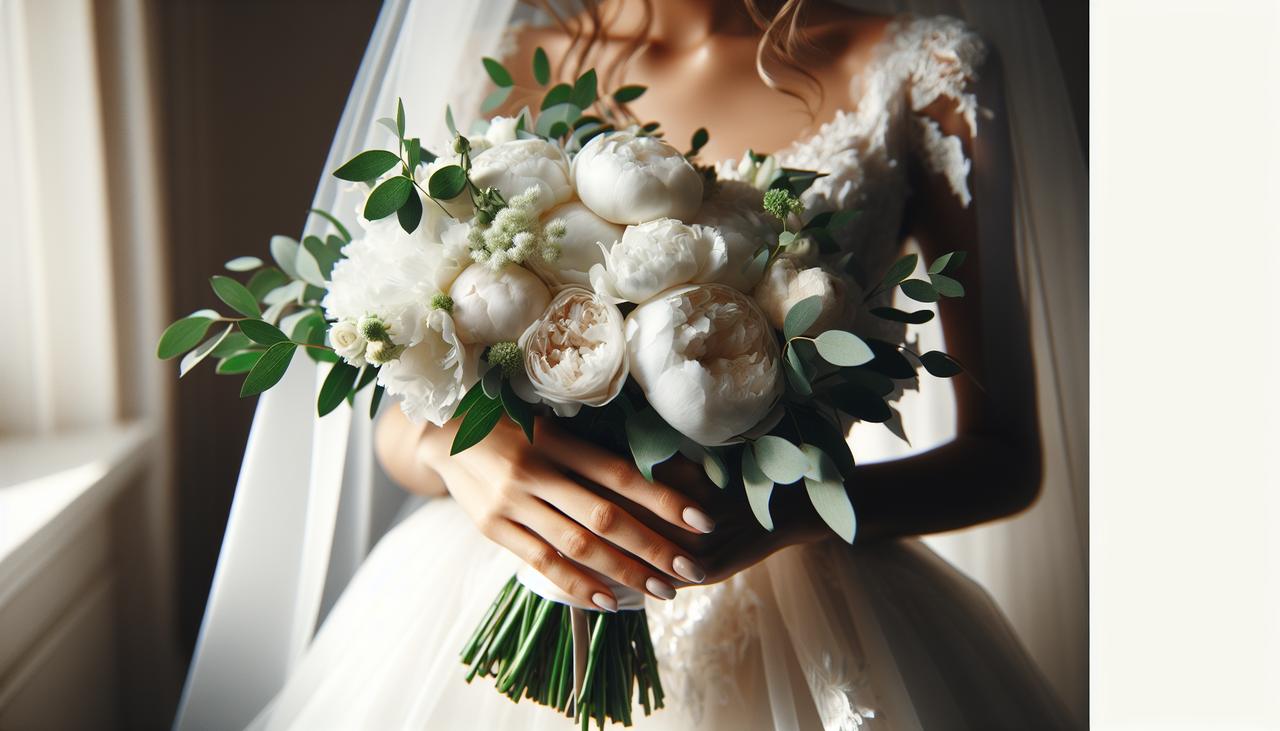 כלה מחזיקה זר כלה מפואר עם אדמוניות ופרחי גן